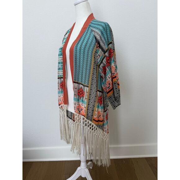 Flying‎ Tomato Multicolor Sheer Fringe Kimono Western Southwestern Boho Small - Picture 5 of 6